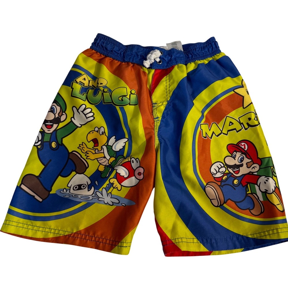 Vintage Y2K Nintendo Super Mario Bros Boy Swimwear Trunk Shorts 6-7 Summer Beach